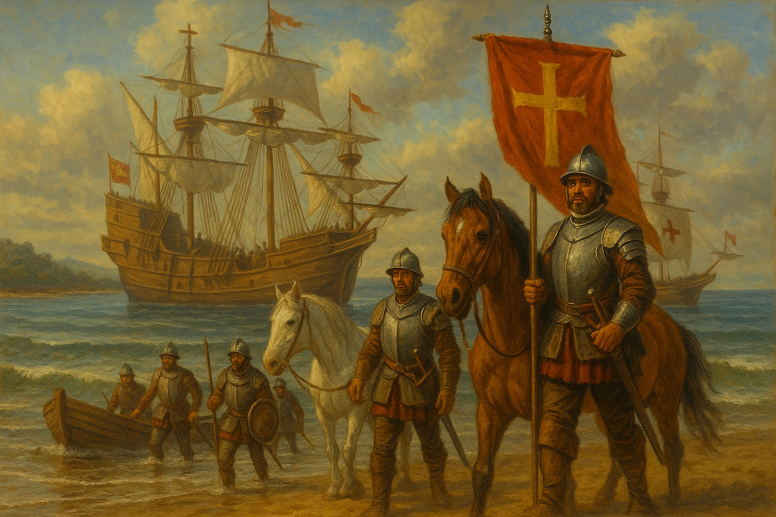 Illustration depicting Christopher Columbus and the Spanish bringing horses to the Americas by ship