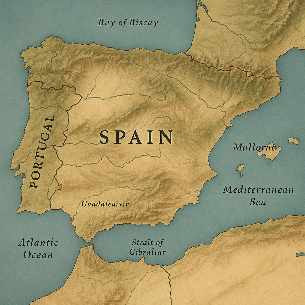 A map of Spain and Portugal with nearby regions and coastlines